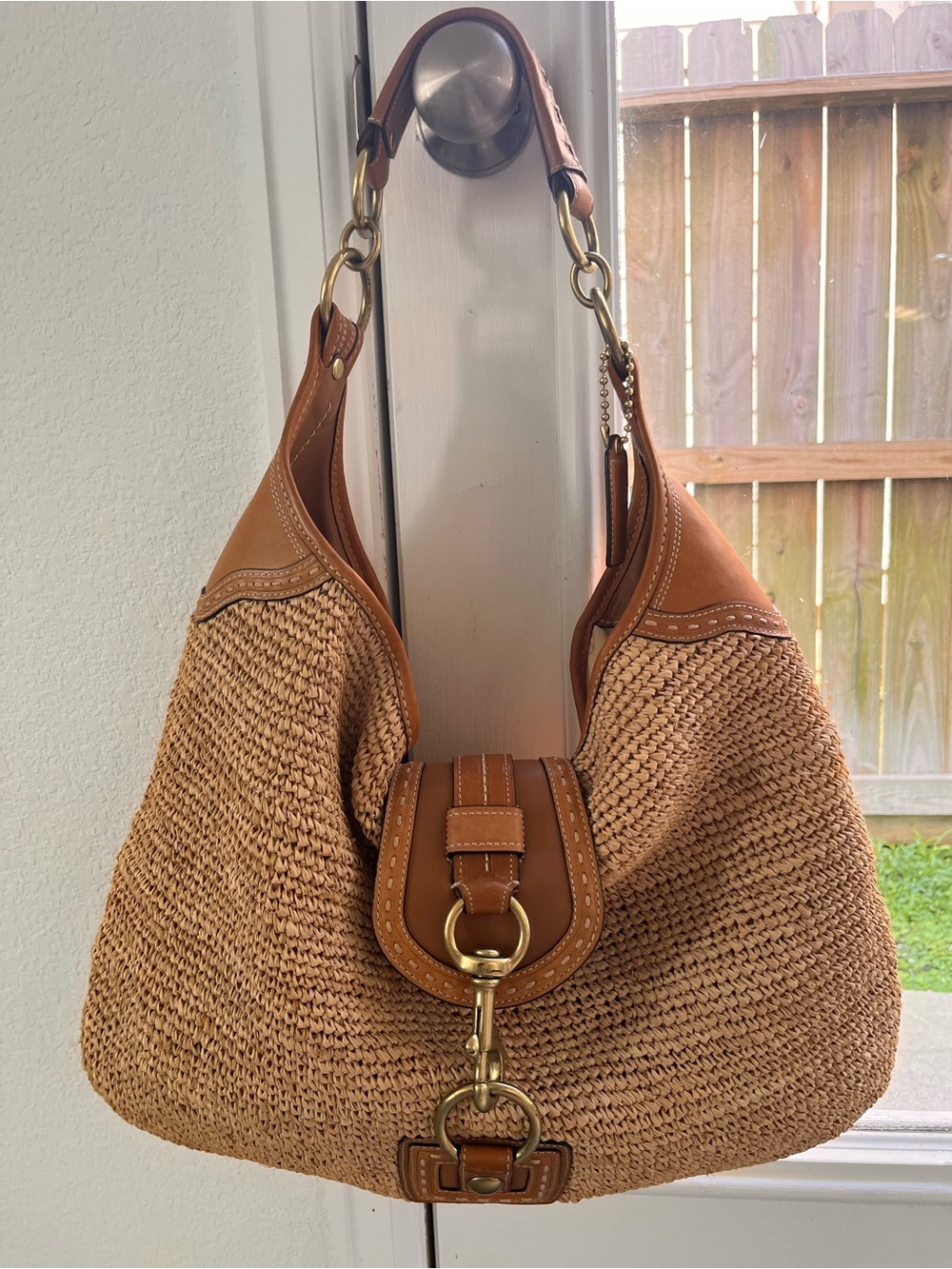 Coach Tan Woven Hobo with Leather Trim and Gold Hardware